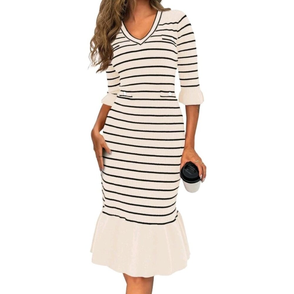 Wenrine Womens Striped Sweater Dress V Neck Half Sleeve Casual Knit Ruffle Fall